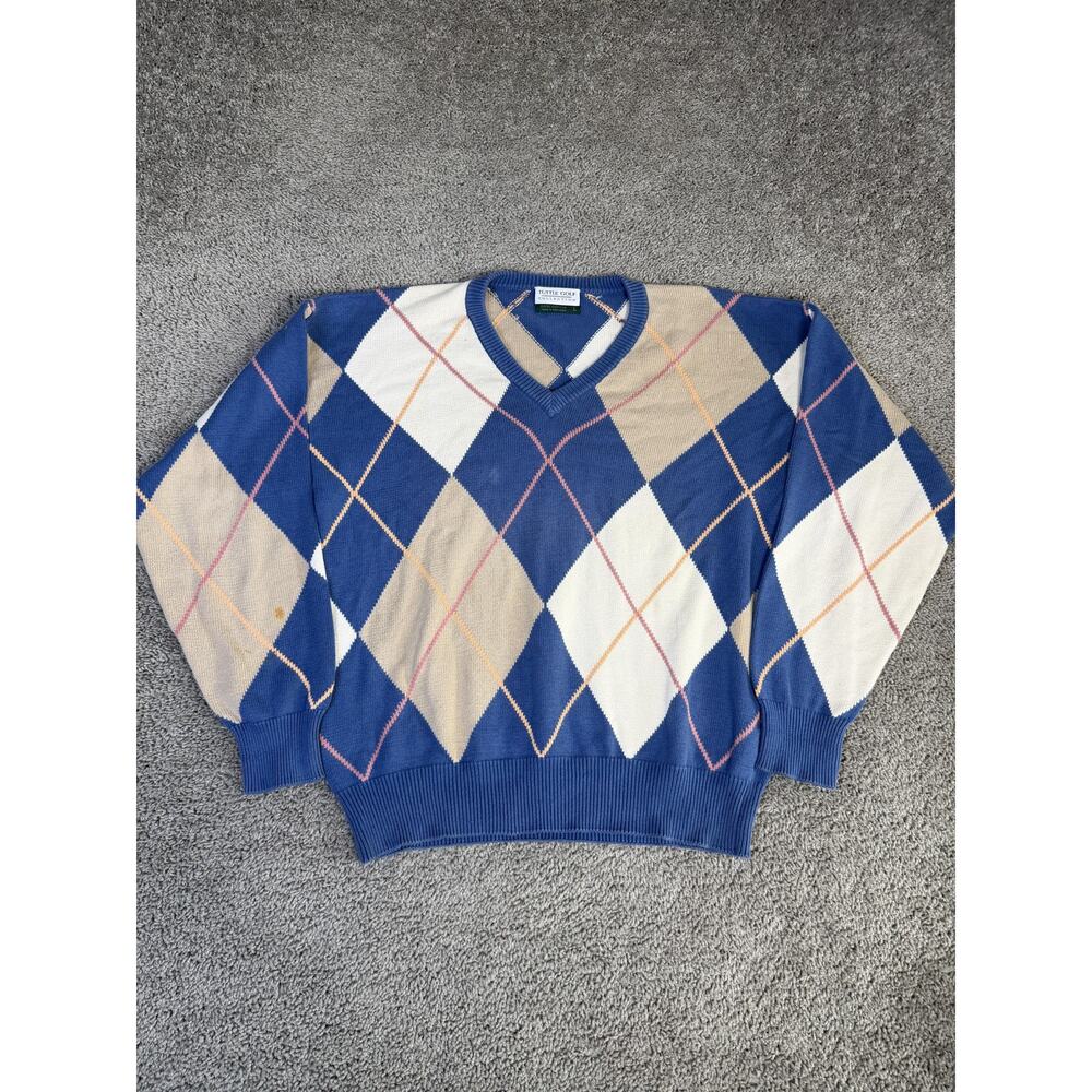 Tuttle Golf Collection Sweater Mens L Blue Argyle V-Neck Cotton Pullover